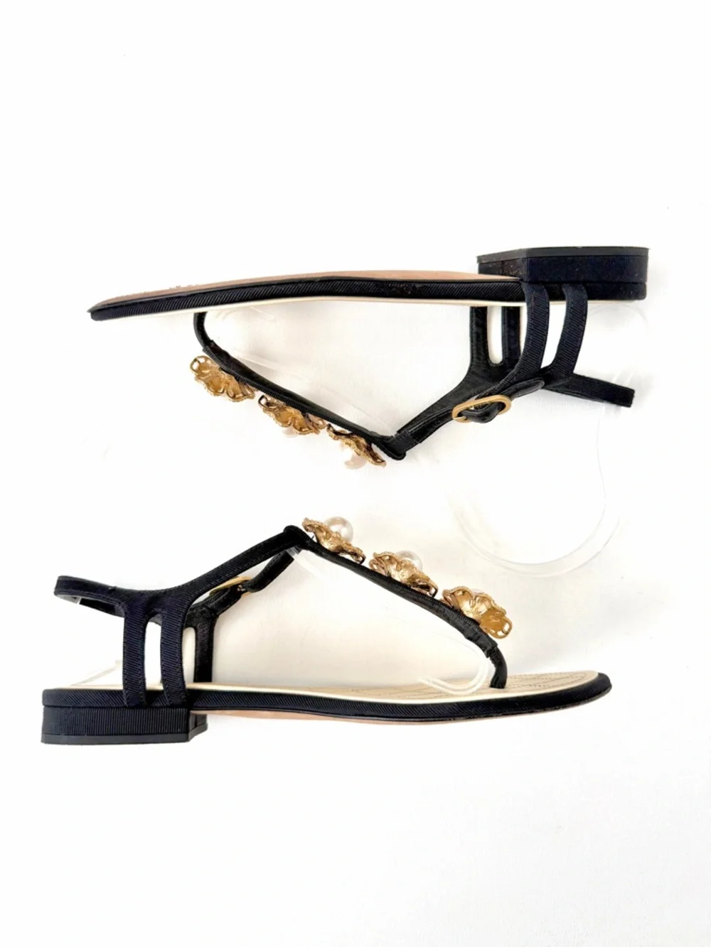 CHANEL‎ | Pearl Camellia Black Grosgrain Thong Sandals CC Logo Slingback EU 37C